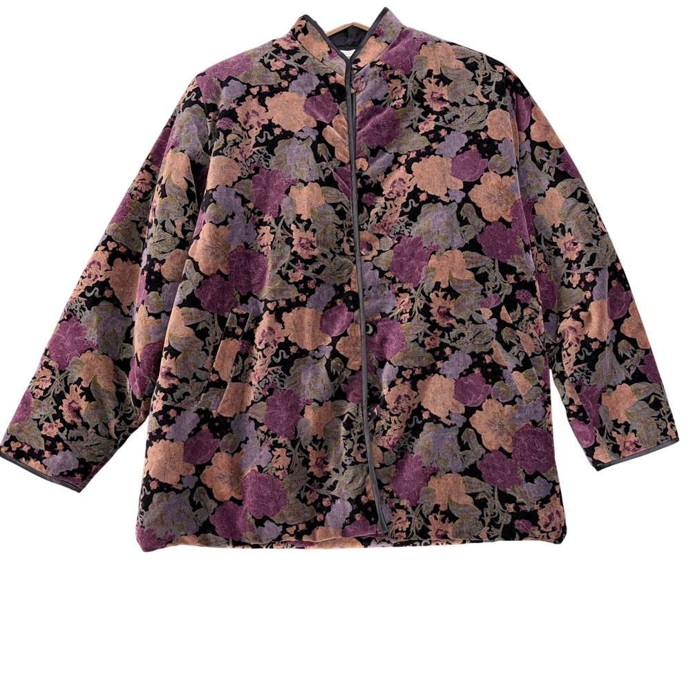 Vintage Style Velvet Floral Mandarin Collar Jacket Purple Tan Black Large Fall